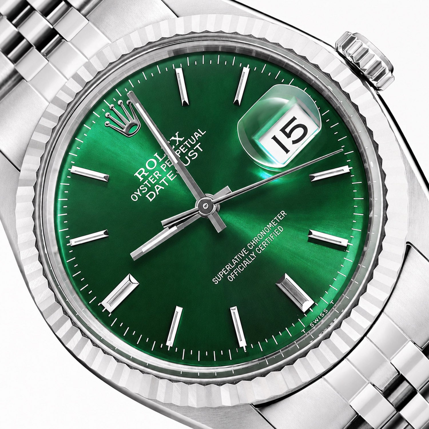 Rolex Datejust 16014 36mm Green Dial 18K White Gold Bezel Jubilee