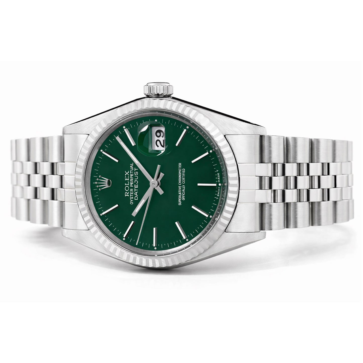 36mm Rolex Datejust 16014 18K White Gold Bezel Green Dial Stainless Steel Jubilee Band Men's Watch