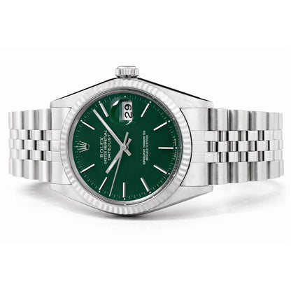 36mm Rolex Datejust 16014 18K White Gold Bezel Green Dial Stainless Steel Jubilee Band Men's Watch