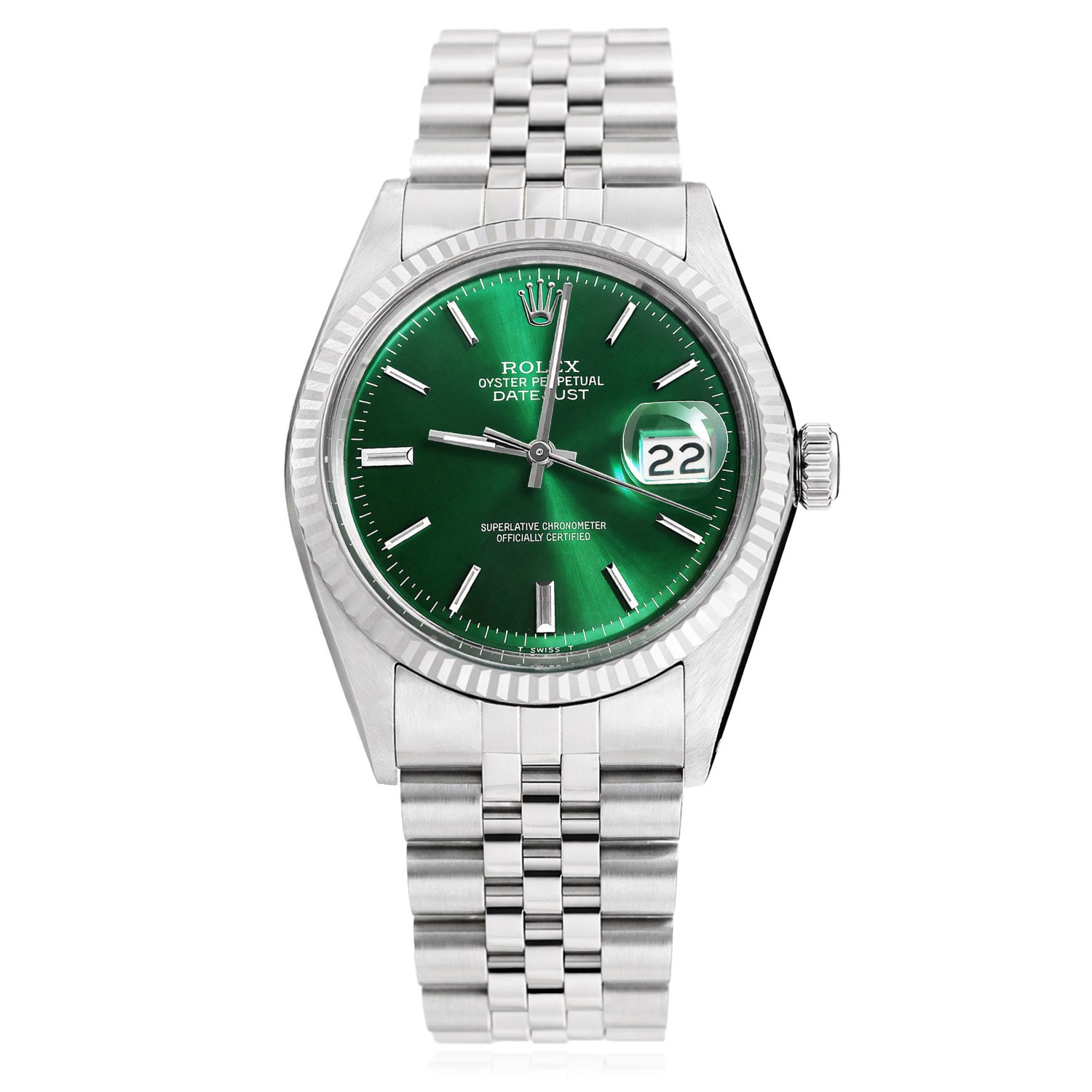 Rolex Datejust 16014 36mm Green Dial 18K White Gold Bezel Jubilee