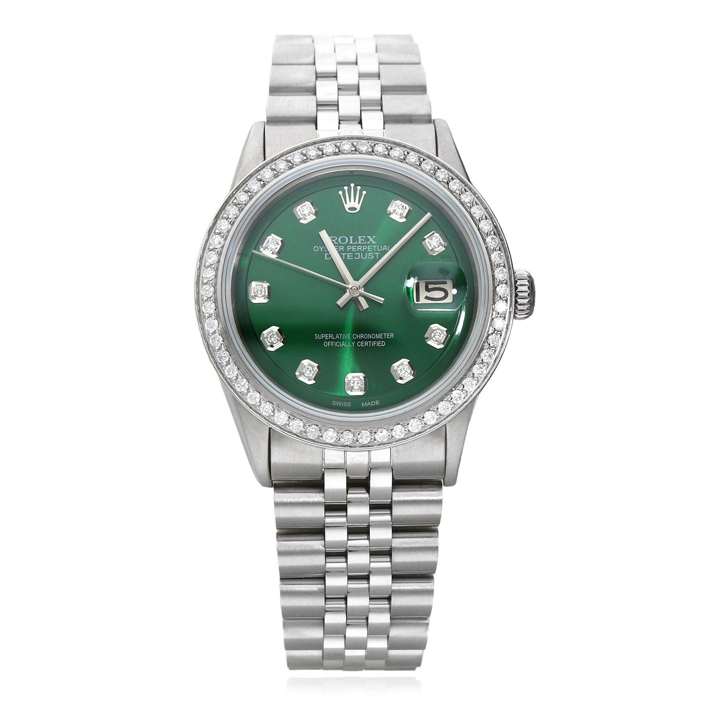 Rolex Datejust 1603 36mm Green Dial 18K White Gold Diamond Bezel Jubilee