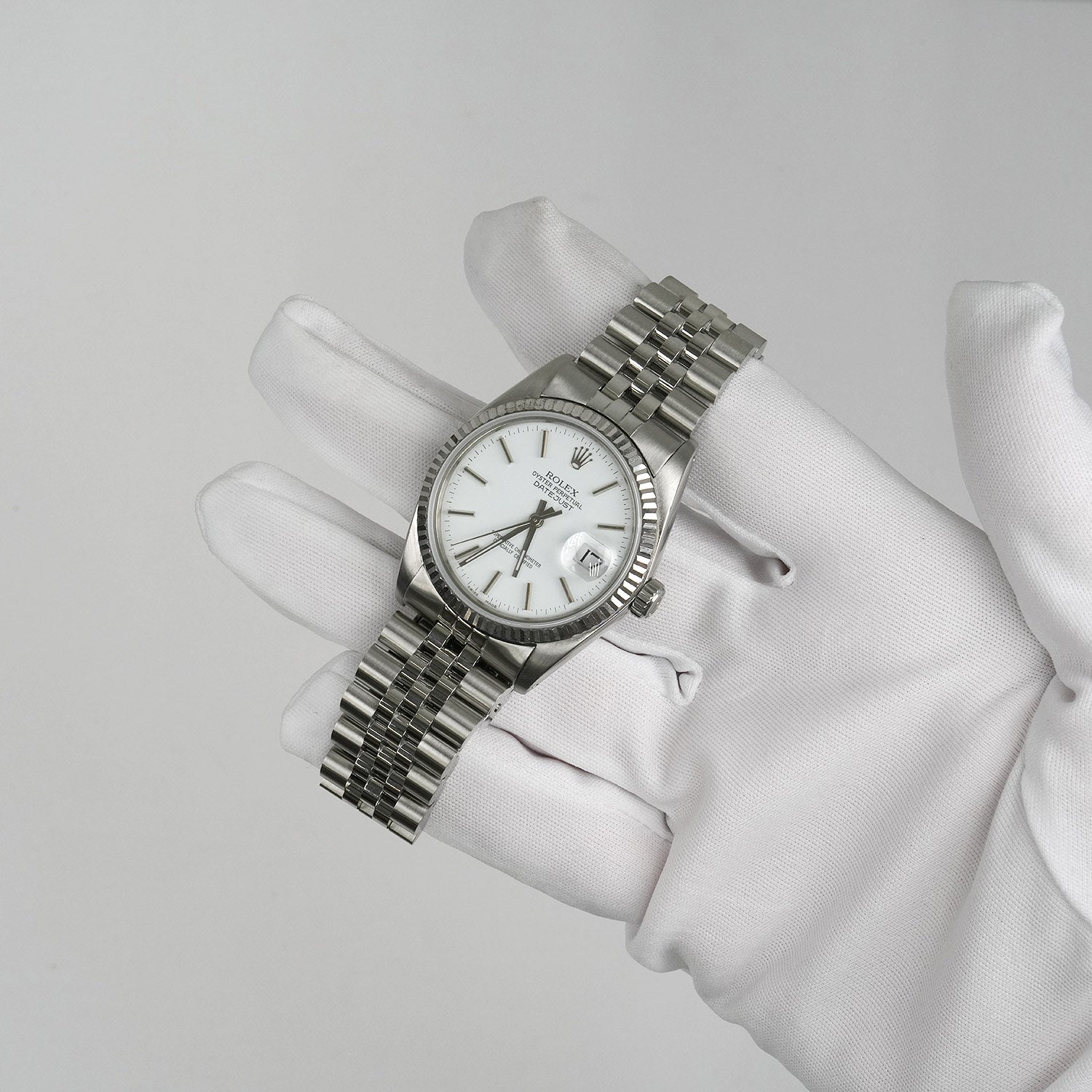 36mm Rolex Datejust 1601 18K Gold Bezel White Dial Jubilee Steel