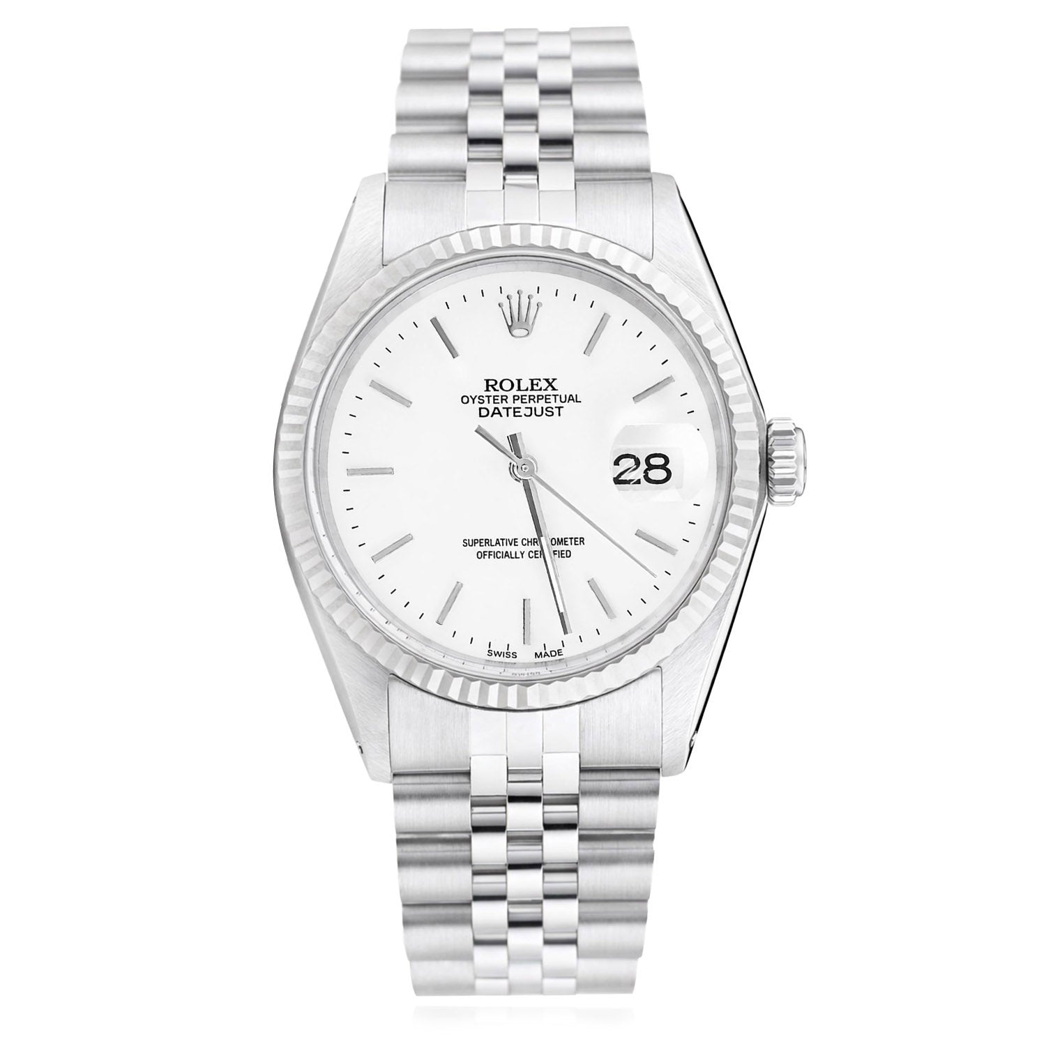 36mm Rolex Datejust 1601 18K Gold Bezel White Dial Jubilee Steel