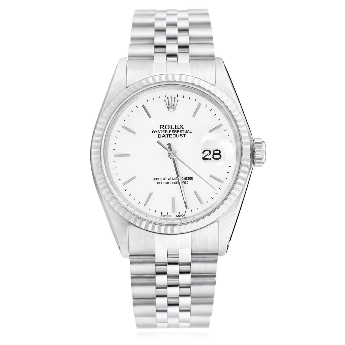 36mm Rolex Datejust 1601 18K Gold Bezel White Dial Jubilee Steel Band Watch