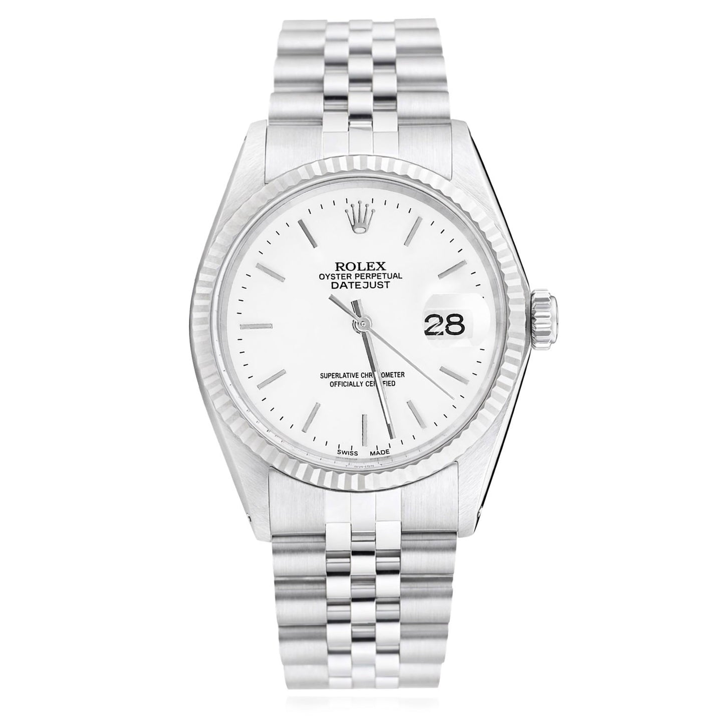 36mm Rolex Datejust 1601 18K Gold Bezel White Dial Jubilee Steel Band Men's Watch