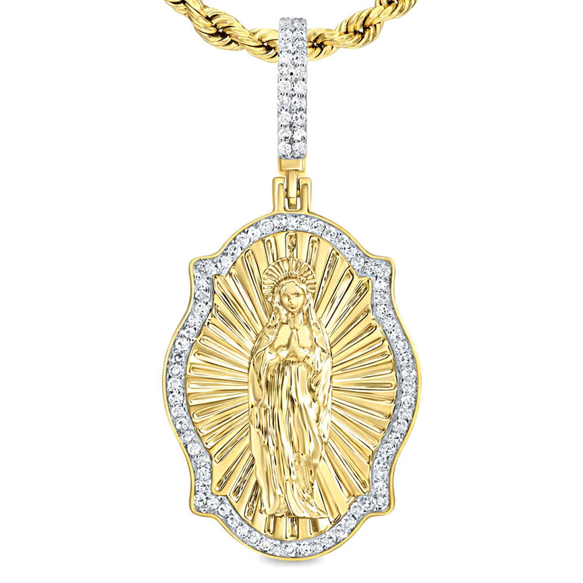 0.38CTW Natural Diamond 10K Yellow Gold Virgin Prayer Pendant 1.7"