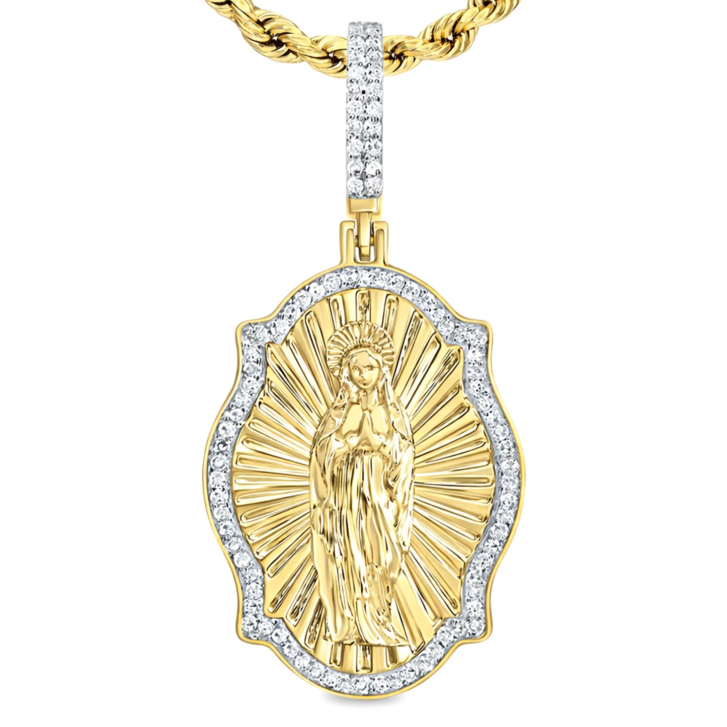 0.38CTW Natural Diamond 10K Yellow Gold Virgin Prayer Pendant 1.7"