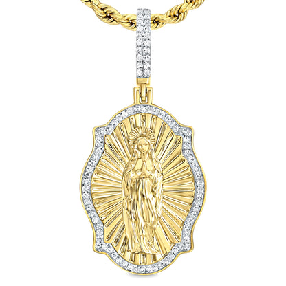 0.38CTW Natural Diamond 10K Yellow Gold Virgin Prayer Pendant 1.7"