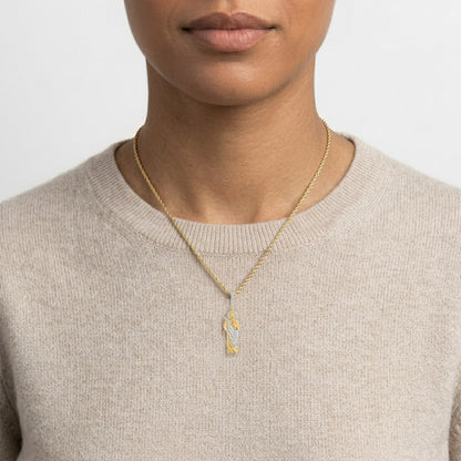 Person wearing a gold necklace with a pendant on a plain background [lifestyle]