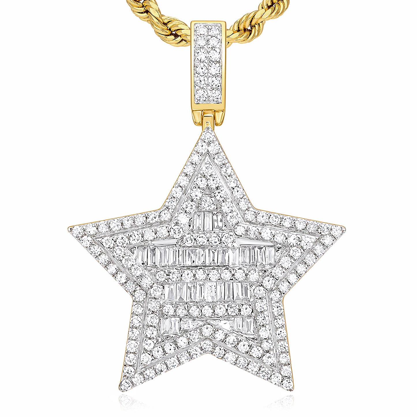 0.75CTW Natural Diamond 10K Yellow Gold Baguette Star Pendant 1.4"