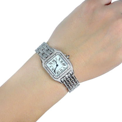 Silver watch on a wrist with a white background [lifestyle]
