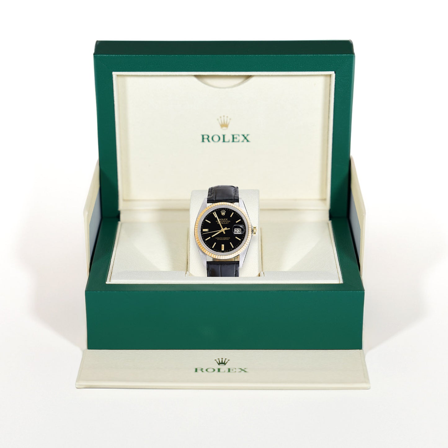 36mm Rolex Datejust 16013 Black Dial 18K Gold Bezel Leather Men's Watch