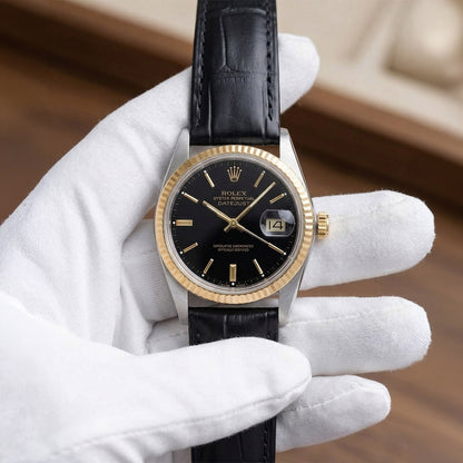 36mm Rolex Datejust 16013 Black Dial 18K Gold Bezel Leather Men's Watch
