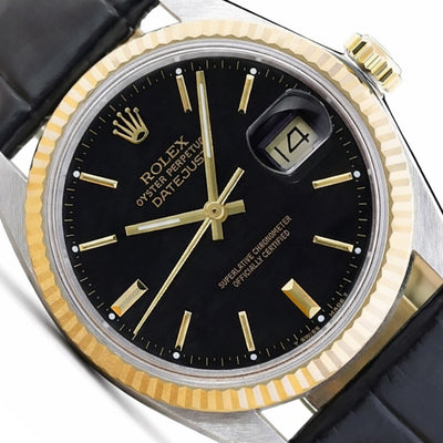 36mm Rolex Datejust 16013 18K Gold Fluted Bezel Black Dial Leather Band Men's Watch