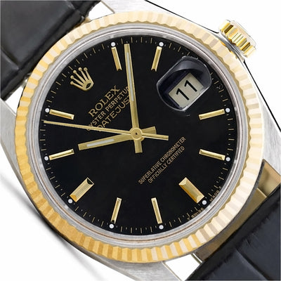 Rolex Datejust 16013 36mm Black Dial 18K Gold Bezel Leather Men's Watch