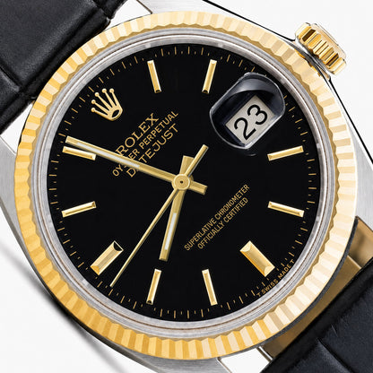 36mm Rolex Datejust 16013 Black Dial 18K Gold Bezel Leather Men's Watch