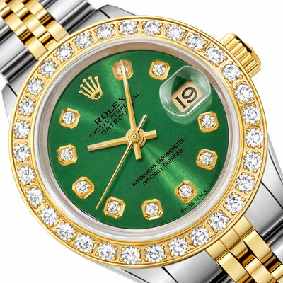 26mm Rolex Datejust 69173 Diamond Bezel Emerald Green Dial Steel Women's Watch