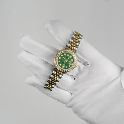 26mm Rolex Datejust 69173 Diamond Bezel Emerald Green Dial Steel Women's Watch