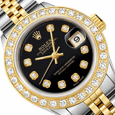 Rolex Datejust 69173 26mm Diamond Bezel Black Dial Steel Women's Watch