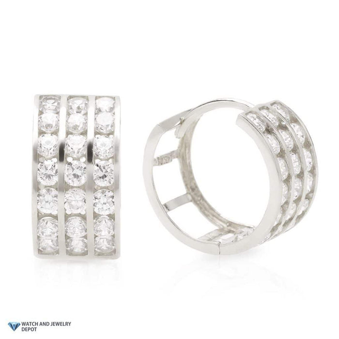 1.3CTW CZ 14K White Gold 3-Row Channel Huggie Hoop Earrings 0.5"