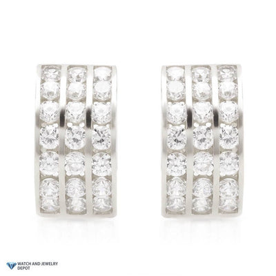 1.3CTW CZ 14K White Gold 3-Row Channel Huggie Hoop Earrings 0.5"