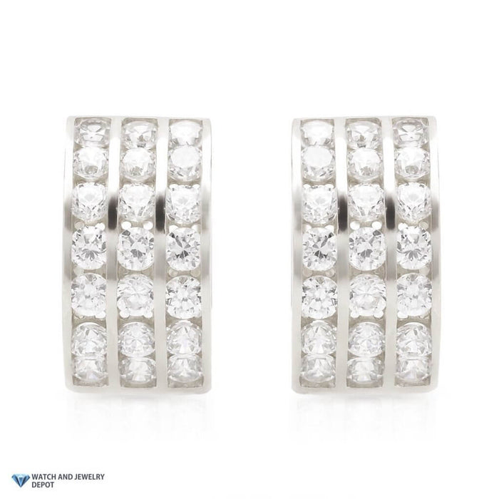 1.3CTW CZ 14K White Gold 3-Row Channel Huggie Hoop Earrings 0.5"