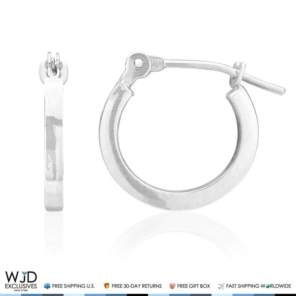 13mm Diameter Plain Square Hoop Snap Closure Earrings 14K White Gold