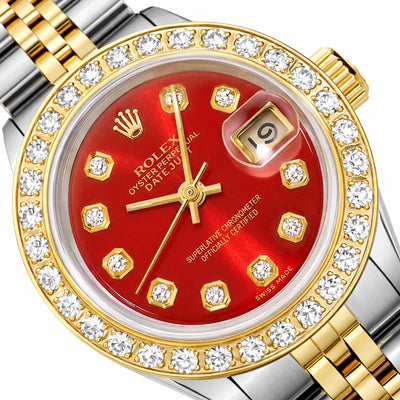 Rolex Datejust 69173 26mm Ruby Dial Diamond Bezel Steel Women's Watch