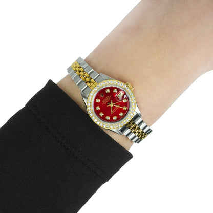Rolex Datejust 69173 26mm Ruby Dial Diamond Bezel Steel Women's Watch