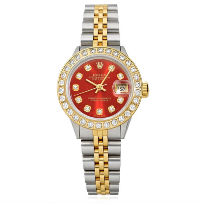 Rolex Datejust 69173 26mm Ruby Dial Diamond Bezel Steel Women's Watch