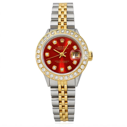 Rolex Datejust 69173 26mm Ruby Dial Diamond Bezel Steel Women's Watch