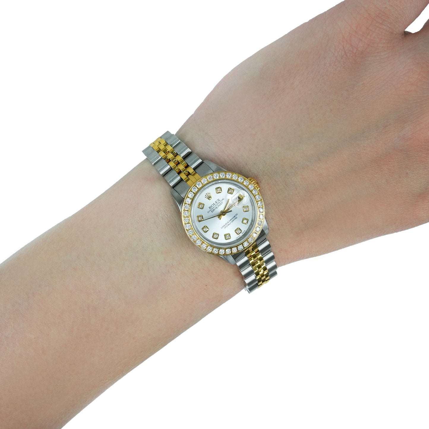 Two-tone watch on a wrist with a white background [lifestyle]