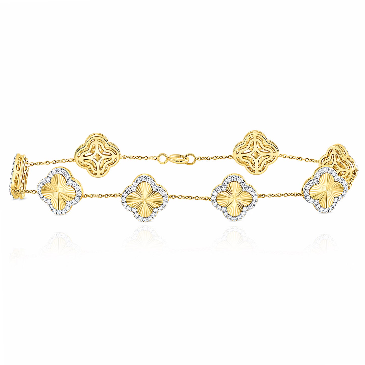 1.00CTW Natural Diamond 10K Yellow & White Gold Diamond Clover Bracelet 7"