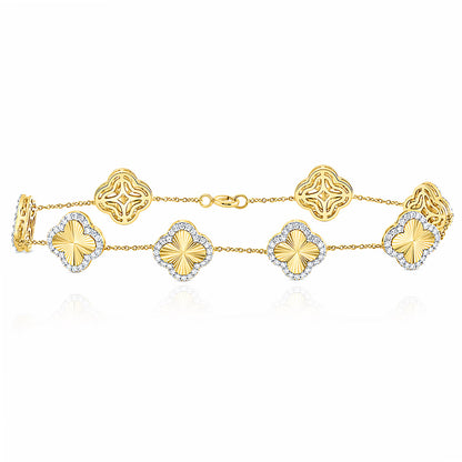 1.00CTW Natural Diamond 10K Yellow & White Gold Diamond Clover Bracelet 7"