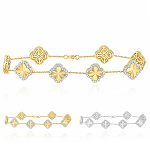 1.00CTW Natural Diamond 10K Yellow & White Gold Diamond Clover Bracelet 7"