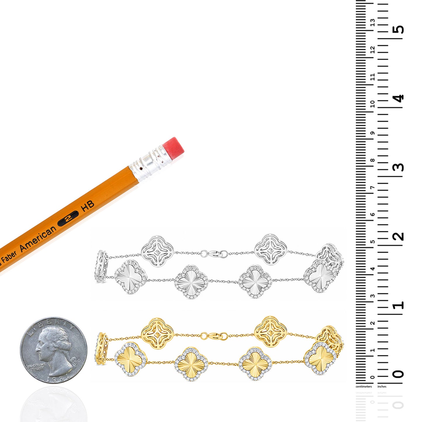 1.00CTW Natural Diamond 10K Yellow & White Gold Diamond Clover Bracelet 7"
