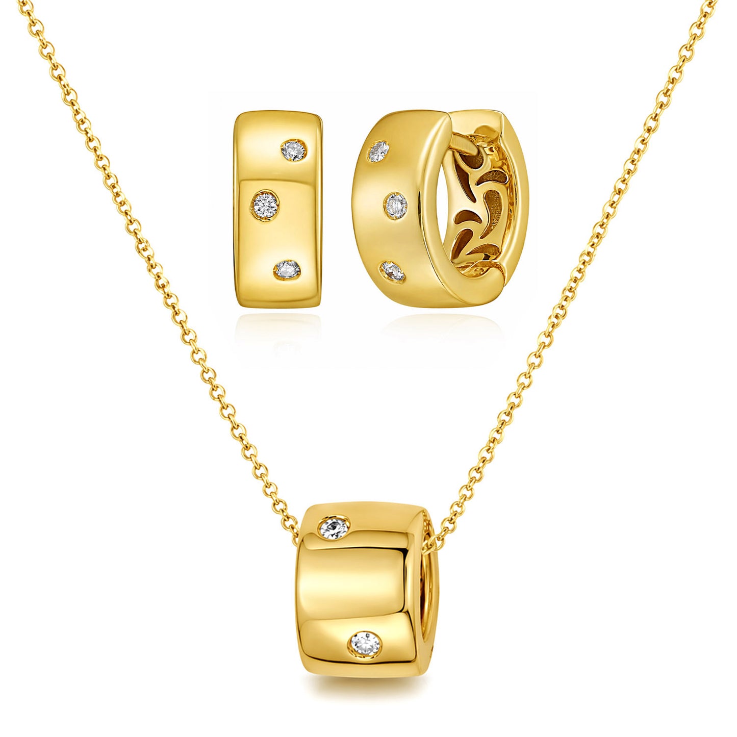 0.17 CTW Natural Diamond 14K Gold Diamond Huggie Earrings & Barrel Necklace Set