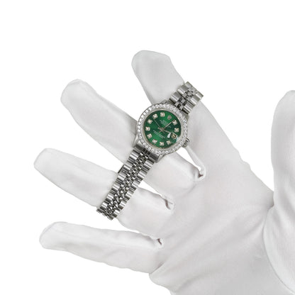 26mm Rolex Datejust 1601 18k White Gold Diamond Bezel Green Dial Women's Watch