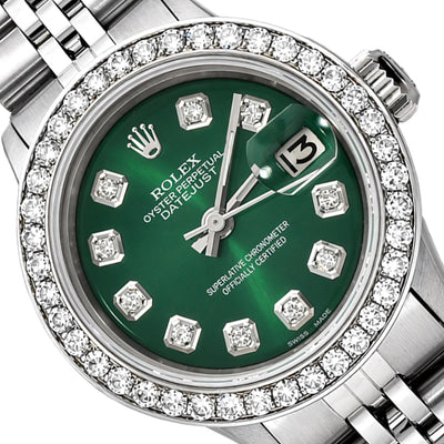 26mm Rolex Datejust 1601 18k White Gold Diamond Bezel Green Dial Women's Watch