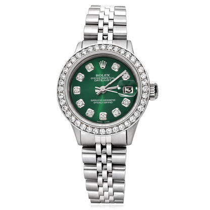 26mm Rolex Datejust 1601 18k White Gold Diamond Bezel Green Dial Women's Watch