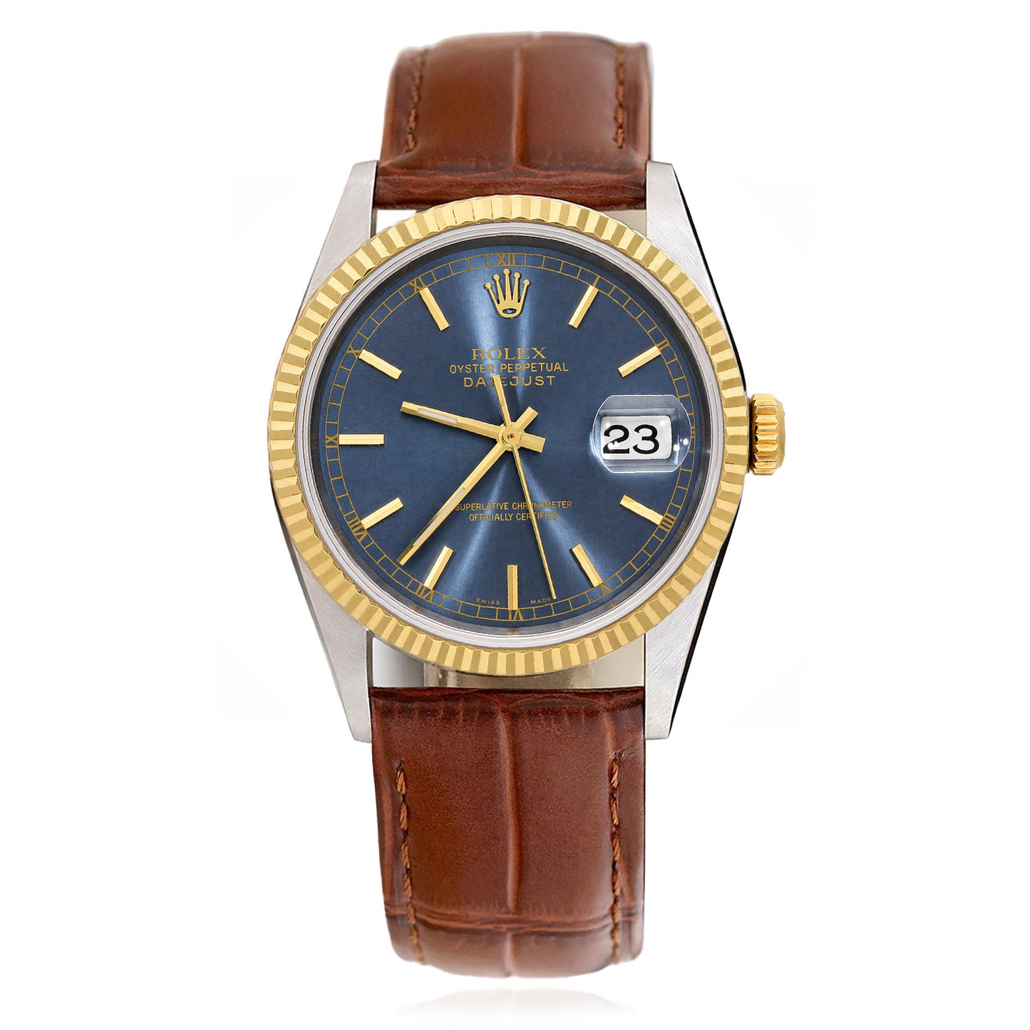 36mm Rolex Datejust 16233 18K Gold Fluted Bezel Steel Blue Dial Men's Watch