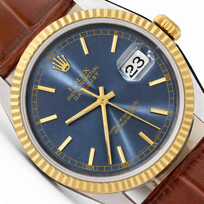 36mm Rolex Datejust 16233 18K Gold Fluted Bezel Steel Blue Dial Men's Watch