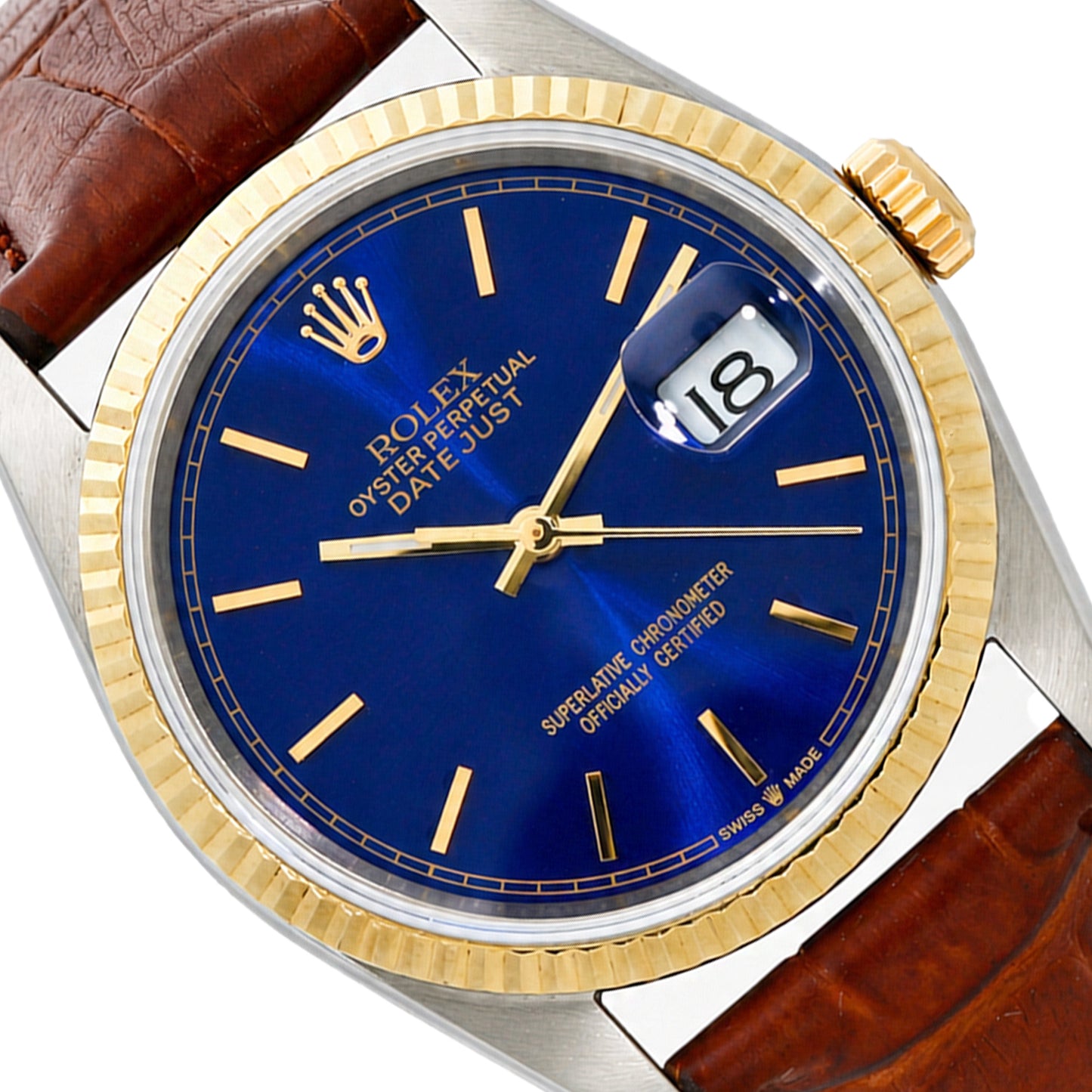36mm Rolex Datejust 1601 Blue Dial 18K Gold Bezel Stainless Steel Men's Watch