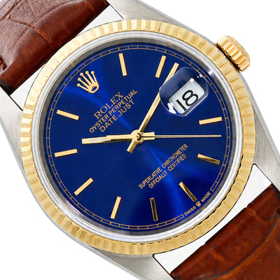 36mm Rolex Datejust 1601 Blue Dial 18K Gold Bezel Stainless Steel Men's Watch
