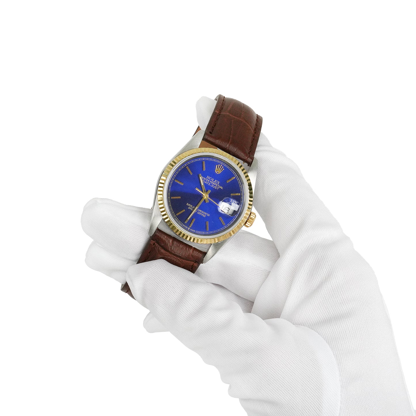 36mm Rolex Datejust 1601 Blue Dial 18K Gold Bezel Stainless Steel Men's Watch