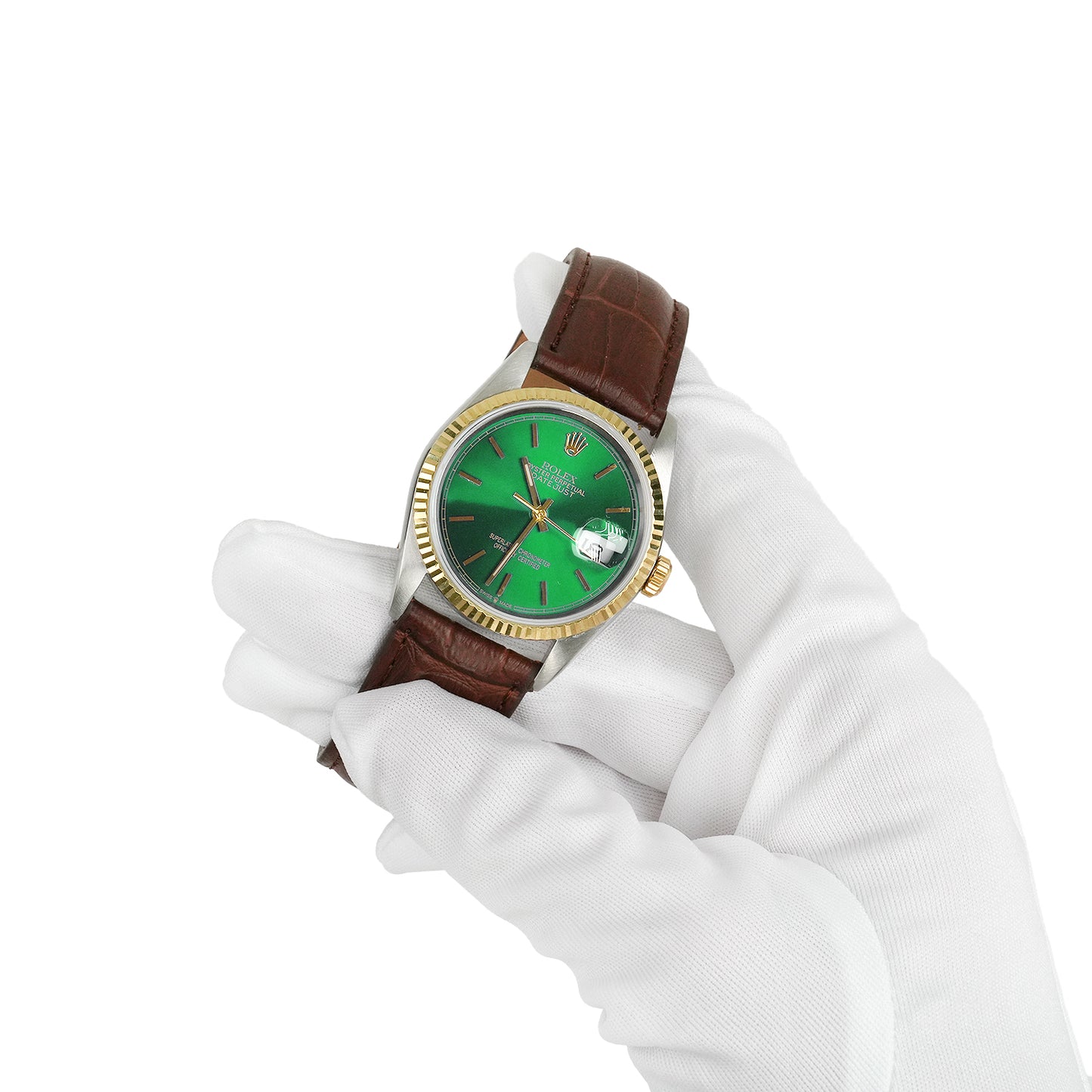 Rolex Datejust 16013 36mm Green Dial 18k Gold Fluted Bezel Stainless Steel Watch