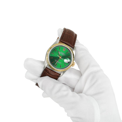 Rolex Datejust 16013 36mm Green Dial 18k Gold Fluted Bezel Stainless Steel Watch