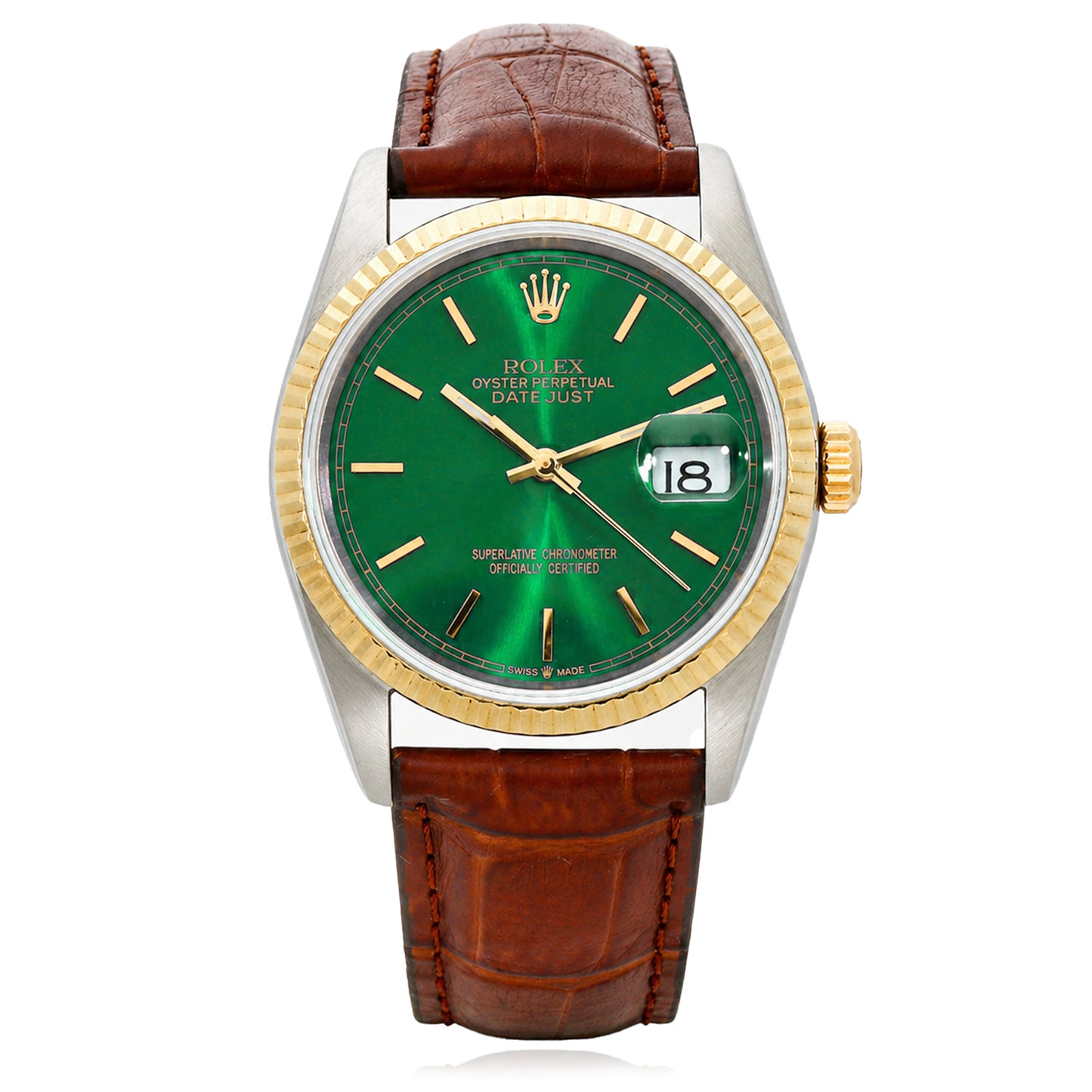 Rolex Datejust 16013 36mm Green Dial 18k Gold Fluted Bezel Stainless Steel Watch