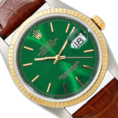 Rolex Datejust 16013 36mm Green Dial 18k Gold Fluted Bezel Stainless Steel Watch