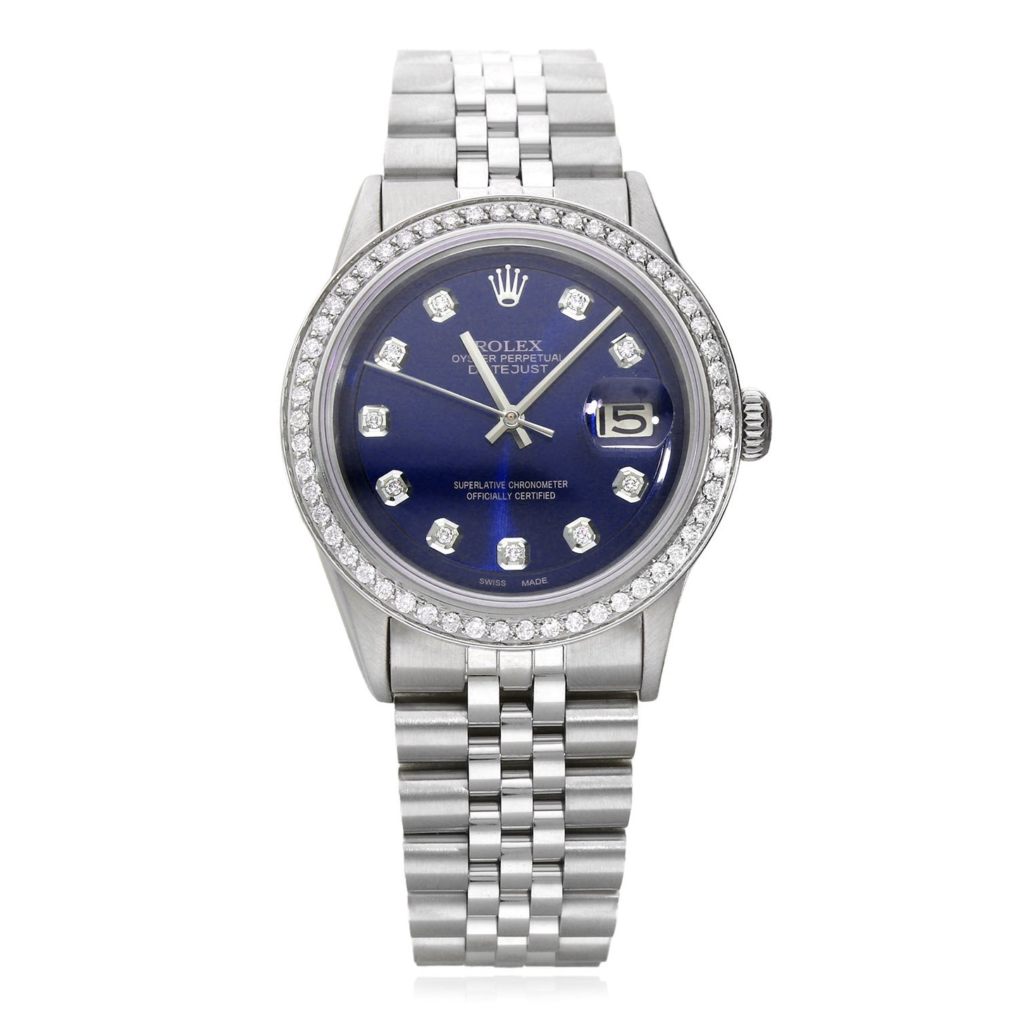 Rolex Datejust 1603 36mm Blue Dial 18K White Gold Diamond Bezel Jubilee